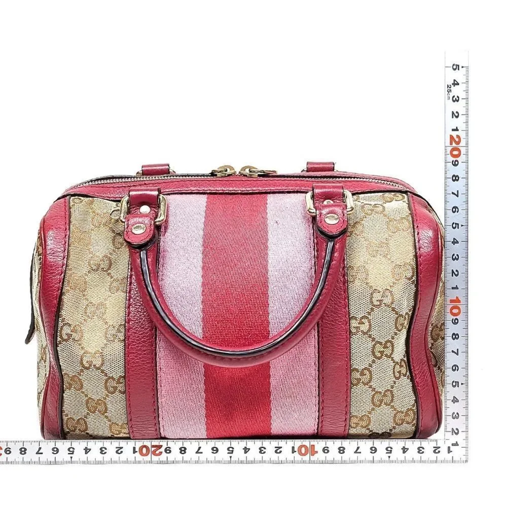 Gucci Vtg GG Beige Supreme Pink Red Web & Leather Joy Boston Tote Bag Auth Small